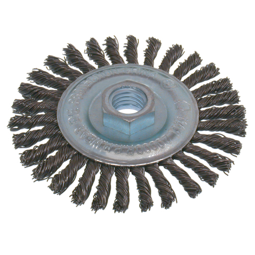 Brosses &eacute;conomiques &agrave; fil nou&eacute;s &agrave; haute vitesse pour cordons de soudure, Dia. 6", Fils 0,02", Arbre 5/8"-11, Acier inoxydable - Osborn 0009908900R