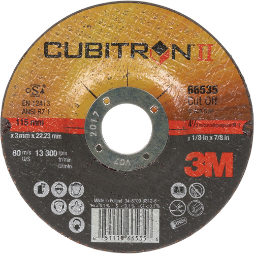 Cut-Off Wheels - CubitronII, 4-1/2" x 0.125", 7/8" Arbor, Type 27, Ceramic, 13300 RPM - 3M AB66535