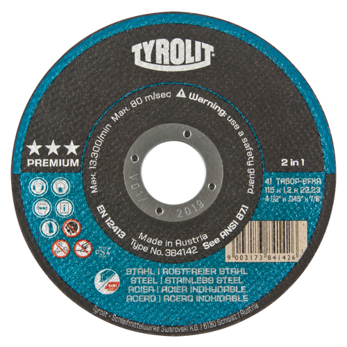 Meule &agrave; tronçonner 2-en-1 de premi&egrave;re qualit&eacute; Thincut, 4-1/2" x 0,045", Arbre de 7/8", Type 1, Oxyde d'aluminium, 13 300 Tr/min - Tyrolit 384142