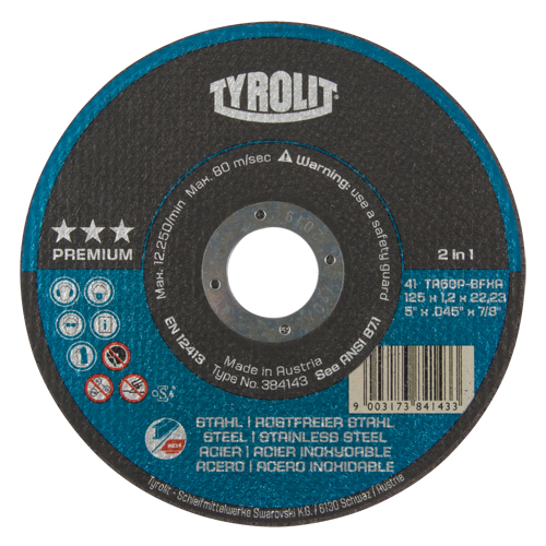 Meule &agrave; tronçonner 2-en-1 de premi&egrave;re qualit&eacute; Thincut, 5" x 0,045", Arbre de 7/8", Type 1, Oxyde d'aluminium, 12250 Tr/min - Tyrolit 384143