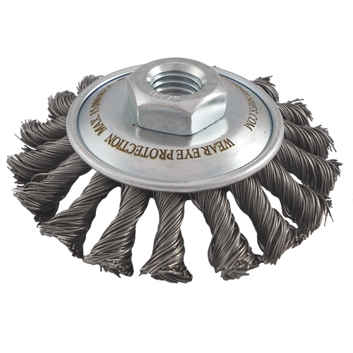 Knotted Wire Wheel Saucer Brushes, 4" Dia., 0.02" Fill, 5/8"-11 Arbor, Steel - Felton Brushes S404
