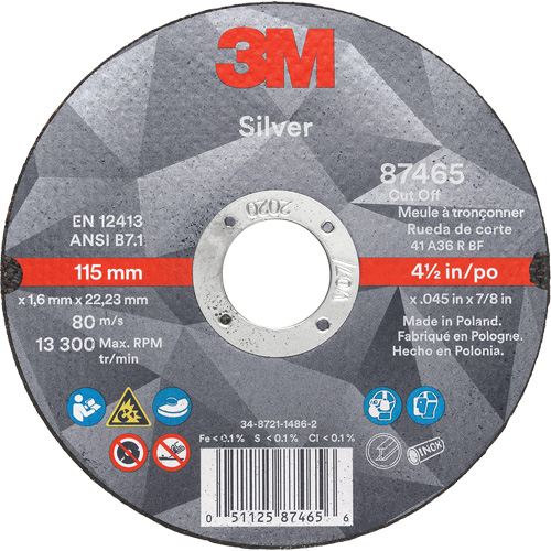 Silver Cut-Off Wheel, 4" x 0.035", 1/4" Arbor, Type 1, Ceramic, 19100 RPM - 3M AB87460-RED