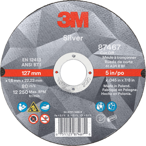 Silver Cut-Off Wheel, 5" x 0.045", 7/8" Arbor, Type 1, Ceramic, 12250 RPM - 3M AB87467