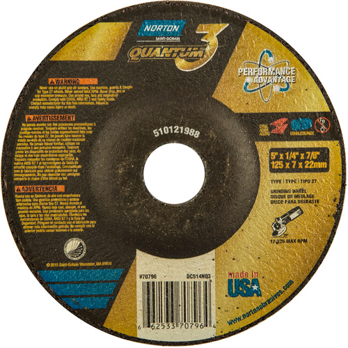 Meule Quantum3, 5" x 1/4", Arbre 7/8", C&eacute;ramique, Type 27 - Norton 66253370796