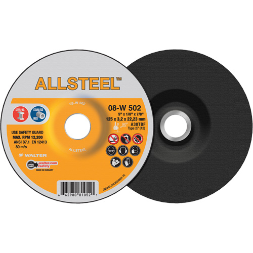 Meule ALLSTEEL, 5" x 1/8", Arbre 7/8", Oxyde d'aluminium, Type 27 - Walter Technologies Pour Surface 08W502