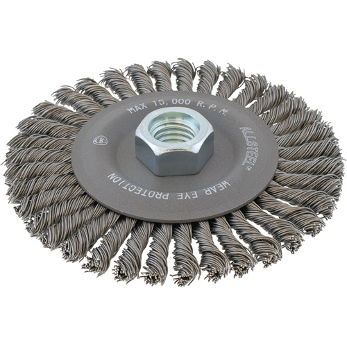 Brosse m&eacute;tallique &agrave; fils &eacute;troits nou&eacute;s ALLSTEEL, Dia. 5", Fils 0,02", Arbre 5/8"-11, Acier - Walter Technologies Pour Surface 13W561