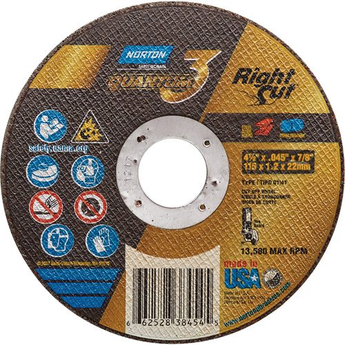 Quantum3 RightCut Cut-Off Wheel, 4-1/2" x 0.045", 7/8" Arbor, Type 1, Aluminum Oxide/Ceramic, 13580 RPM - Norton 66252838454