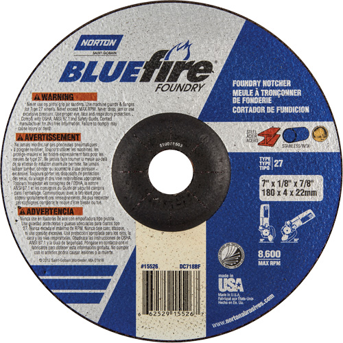 BlueFire&reg; Foundry Grinding & Cutting Wheel, 7" x 1/8", 7/8" Arbor, Type 27, Silicon Carbide/Zirconia Alumina, 8600 RPM - Norton 66252915526