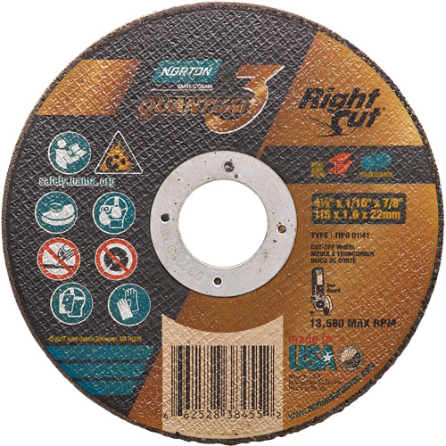 Quantum3 RightCut Cut-Off Wheel, 4-1/2" x 1/16", 7/8" Arbor, Type 01/41, Ceramic Alumina, 13580 RPM - Norton 66252838455