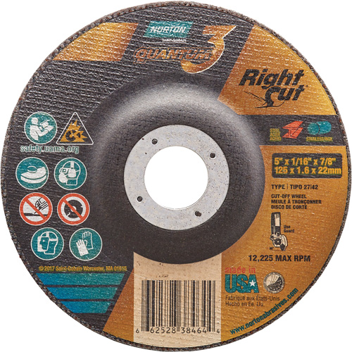 Meule &agrave; tronçonner Quantum3 RightCut, 5" x 1/16", Arbre de 7/8", Type 27/42, C&eacute;ramique d'alumine, 12225 Tr/min - Norton 66252838464