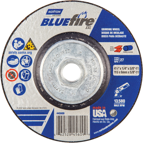 BlueFire&reg; XXL Grinding Wheel, 4-1/2" x 1/4", 5/8" Arbor, Ceramic Alumina, Type 27 - Norton 66252845609