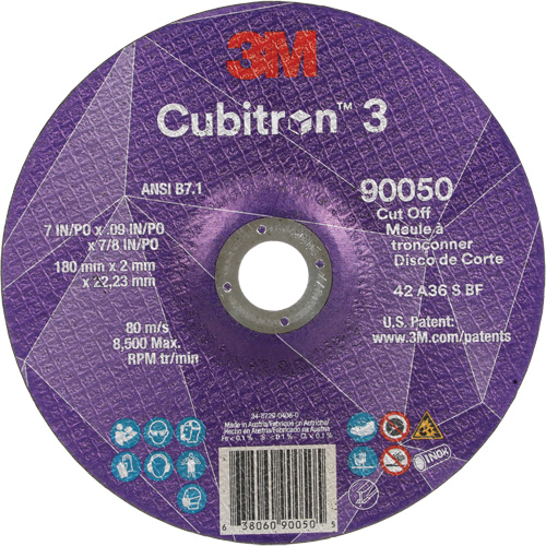 Cubitron 3 Cut-Off Wheel, 7" x 0.09", 7/8" Arbor, Type T27, Ceramic, 8500 RPM - 3M AB13191
