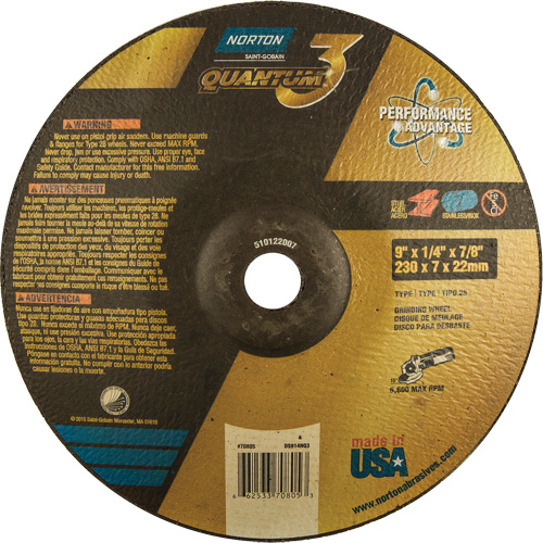 Quantum 3 SG Depressed Center Grinding Wheel, 9" x 1/4", 7/8" Arbor, Type 28, Ceramic, 6600 RPM - Norton 66253370805
