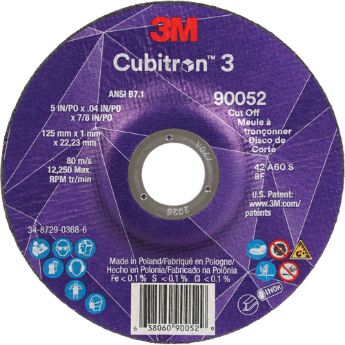 Cubitron 3 Cut-Off Wheel, 5" x 0.04", 7/8" Arbor, Type 27, Ceramic, 60 RPM - 3M AB03856