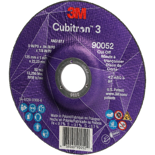 Cubitron 3 Cut-Off Wheel, 5" x 0.04", 7/8" Arbor, Type 27, Ceramic, 60 RPM - 3M AB03856