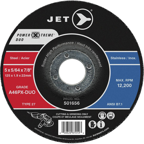 Power-Xtreme A46PX-DUO Cutting & Light Grinding Wheel, 5" x 5/64", 7/8" Arbor, Type 27, 12200 RPM - JET 501656