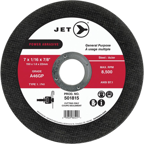 Power Abrasive A46GP  Cut-Off Wheel, 7" x 1/16", 7/8" Arbor, Type 1, 8500 RPM - JET 501815