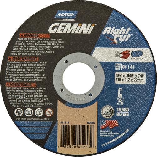 Meule &agrave; tronçonner pour coupe &agrave; angle droit RightCut Gemini, 4-1/2" x 0,045", Arbre de 7/8", Type 01/41, Oxyde d'aluminium, 13580 Tr/min - Norton 66252841213