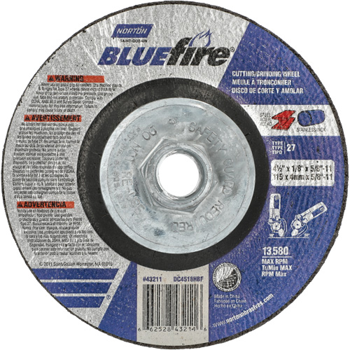 Disque de meulage et tronçonnage BlueFire, 4-1/2" x 1/8", Arbre de 5/8"-11, Type 27, Alumine de zirconium - Norton 66252843211