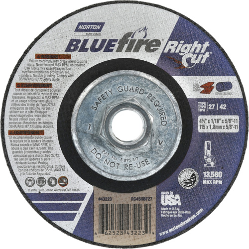 BlueFire RightCut Right Angle Cut-Off Wheel, 4-1/2" x 1/16", 5/8"-11 Arbor, Type 27/42, Aluminum Oxide, 13580 RPM - Norton 66252843223