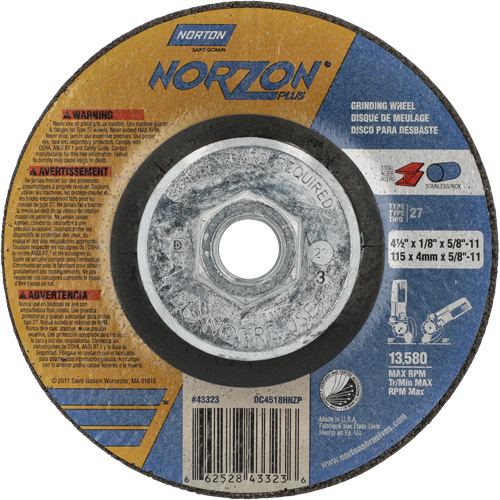 Disque de meulage et tronçonnage NorZon Plus SGZ CA, 4-1/2" x 1/8", Arbre de 5/8"-11, Type 27, C&eacute;ramique d'alumine - Norton 66252843323