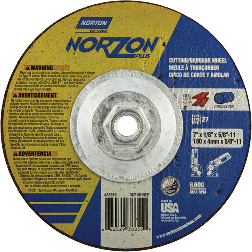 NorZon Plus SGZ  Grinding & Cutting Wheel, 7" x 1/8", 5/8"-11 Arbor, Type 27, Ceramic Alumina - Norton 66252938855