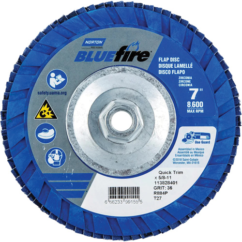 Disque &agrave; lamelles de densit&eacute; standard BlueFire, 7" x 5/8"-11, Type 27, Grain P36, Alumine de zirconium - Norton 66623399155