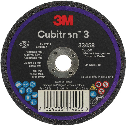 Meule &agrave; tronçonner Cubitron 3, 3" x 0,039", Arbre de 3/8", C&eacute;ramique - 3M 33458