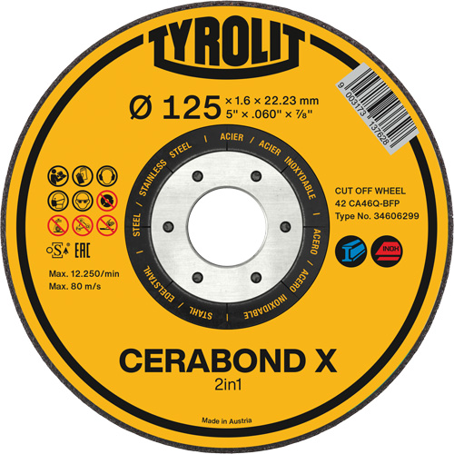 Meule &agrave; tronçonner pour acier et acier inoxydable CERABOND X, 4-1/2" x 0,45", Arbre de 7/8", Type 1, C&eacute;ramique, 12250 Tr/min - Tyrolit 34735725