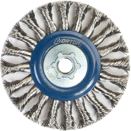 Full Cable Twist Wire Wheel, 4" Dia., 0.02" Fill, 5/8"-11 Arbor, Stainless Steel - Norton 69936653333