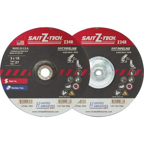 Meule haute performance pour pipelines Sait Z-Tech, 6" x 1/8", Arbre 5/8"-11, Zirconium, Type 27 - United Abrasives Inc. 22633