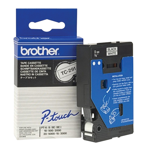 Laminated Tape for P-touch&reg; Labeling System, 9 mm x 8 m, Black on White - Brother TC291