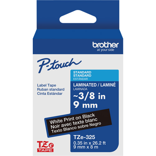 P-touch&reg; Labeling Systems, 9 mm x 314.96" or 8 m, White on Black - Brother TZE325G