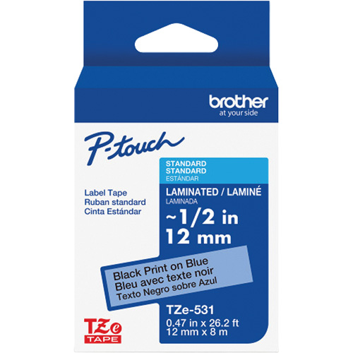 Ruban lamin&eacute; pour P-Touch, 12 mm x 8 m, Noir sur bleu - Brother TZE531G