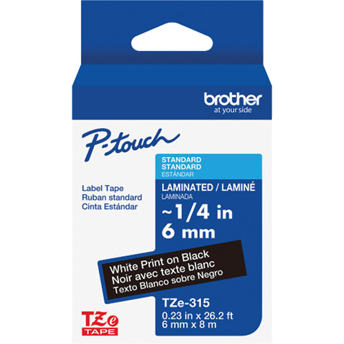 Ruban lamin&eacute; TZe-315 pour &eacute;tiqueteuses P-Touch compatibles avec les rubans TZe, Blanc sur noir, Largeur de 0,23" - Brother TZE315G