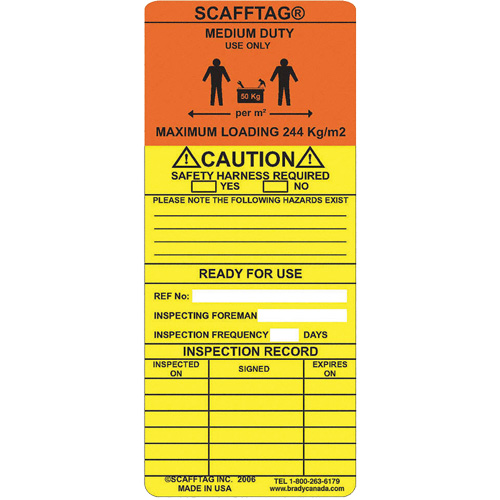 Scafftag&reg; Medium-Duty Inspection Insert, Plastic, 3-1/4" W x 7-5/8" H, French - Brady 108350