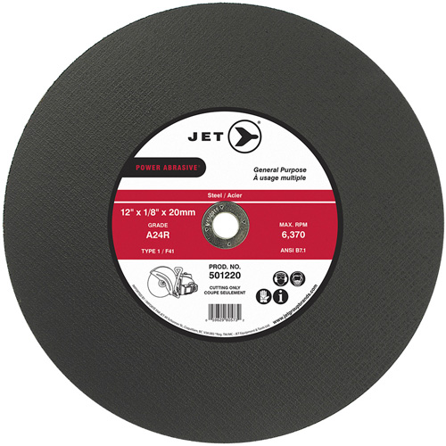 Meules &agrave; tronçonner POWER ABRASIVE, 12" x 1/8", Arbre de 20 mm, Type 1, 6370 Tr/min - JET 501220