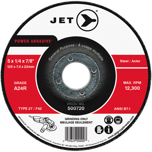 POWER ABRASIVE&reg; Grinding Wheel, 5" x 1/4", 7/8" Arbor, Type 27 - JET 500720