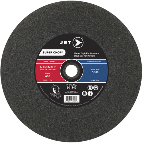 Super Chop Cut-Off Wheel, 12" x 3/32", 1" Arbor, Type 1, 5100 RPM - JET 501143