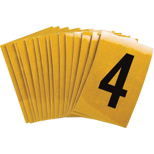 &eacute;tiquettes de lettres et chiffres individuels, 4, 2" h, Noir sur jaune - Brady 5920-4