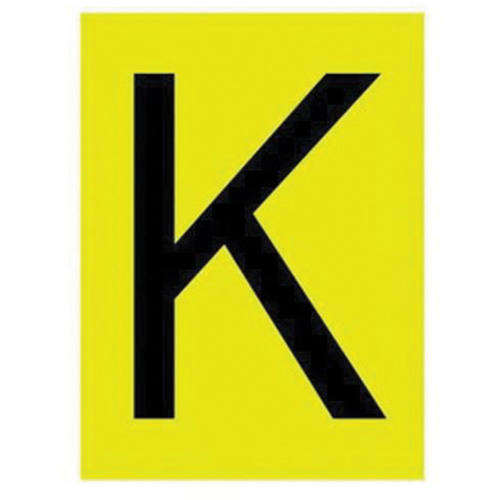 Reflective Individual Number and Letter Labels, K, 1" H, Black on Yellow - Brady 5920-K