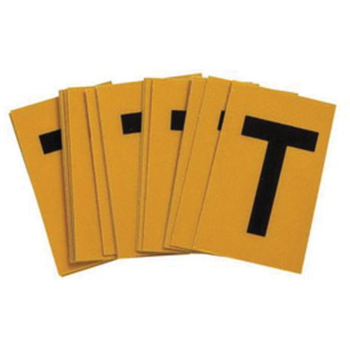 &eacute;tiquettes de lettres & chiffres r&eacute;fl&eacute;chissants individuels, T, 1" h, Noir sur jaune - Brady 5920-T