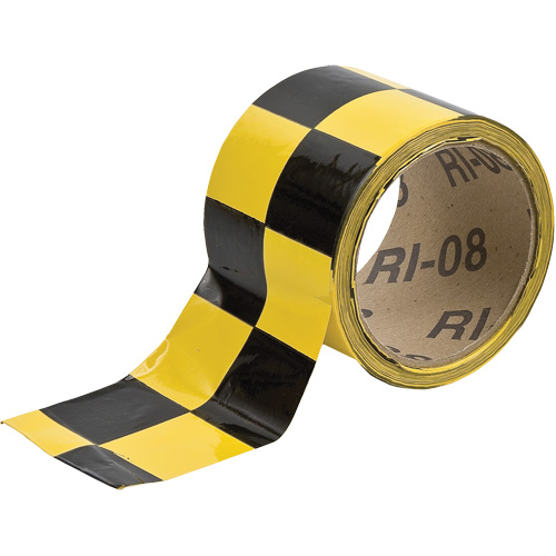 Checkered Marking Tape, 2" x 54', Vinyl, Black and Yellow - Brady 76317