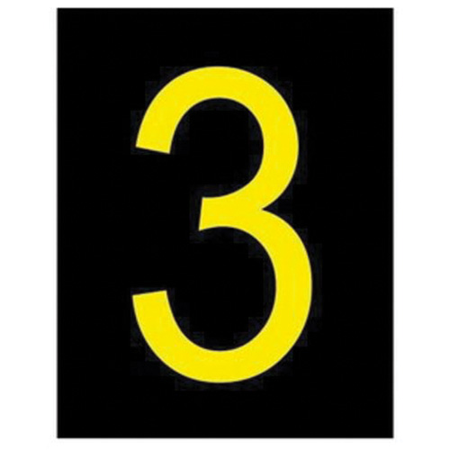 Reflective Individual Number and Letter Labels, 3, 2-1/2" H, Yellow on Black - Brady 5000-3