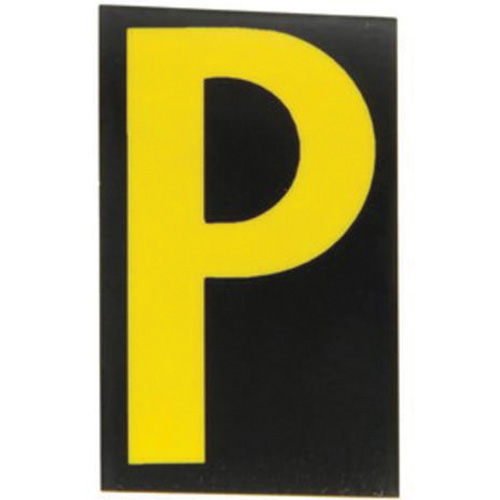 Reflective Individual Number & Letter Labels, P, 2-1/2" H, Yellow on Black - Brady 5000-P
