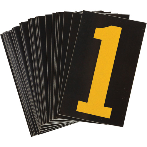 &eacute;tiquettes de lettres et chiffres r&eacute;fl&eacute;chissants individuels, 1, 1-1/2" h, Jaune sur noir - Brady 5890-1