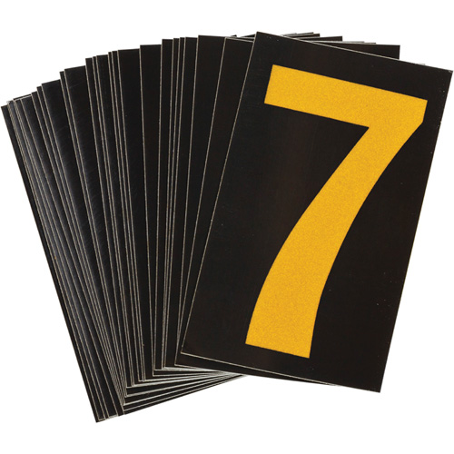 &eacute;tiquettes de lettres et chiffres r&eacute;fl&eacute;chissants individuels, 7, 1-1/2" h, Jaune sur noir - Brady 5890-7