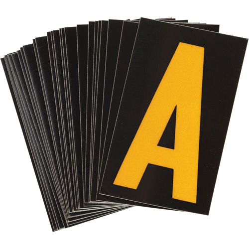 Reflective Individual Number and Letter Labels, A, 1-1/2" H, Yellow on Black - Brady 5890-A