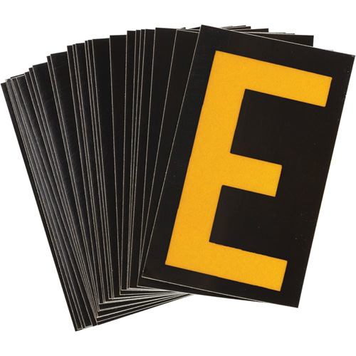 Reflective Individual Number and Letter Labels, E, 1-1/2" H, Yellow on Black - Brady 5890-E