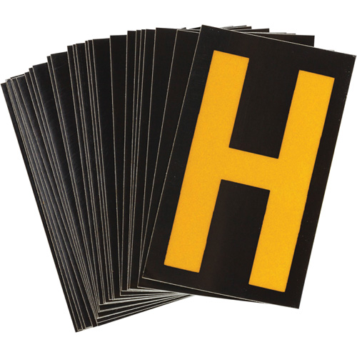 Reflective Individual Number and Letter Labels, H, 2-1/2" H, Yellow on Black - Brady 5000-H